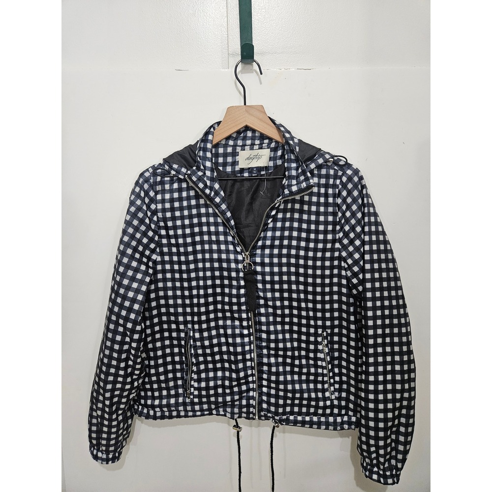 Daytrip Womens Gingham Hooded Windbreaker Jacket Black White Full Zip M